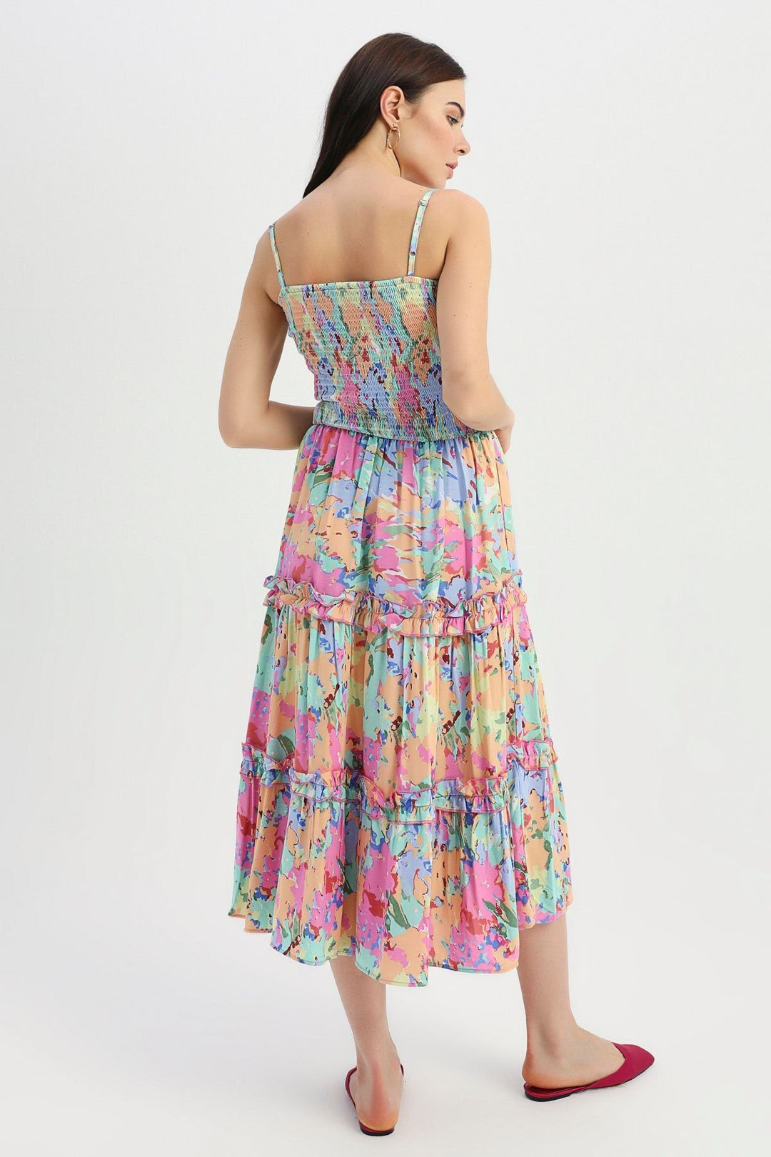 Desenli Fırfır Detaylı Askılı Elbise Açık Mavi