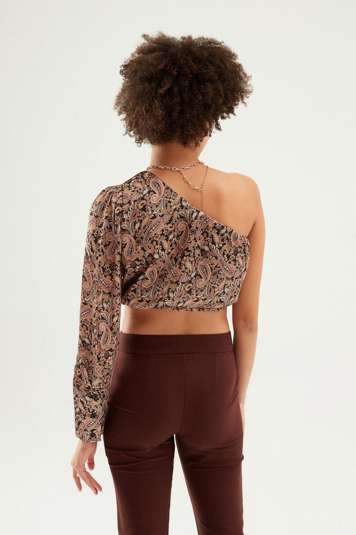 Desenli Tek Omuz Bluz Kahverengi
