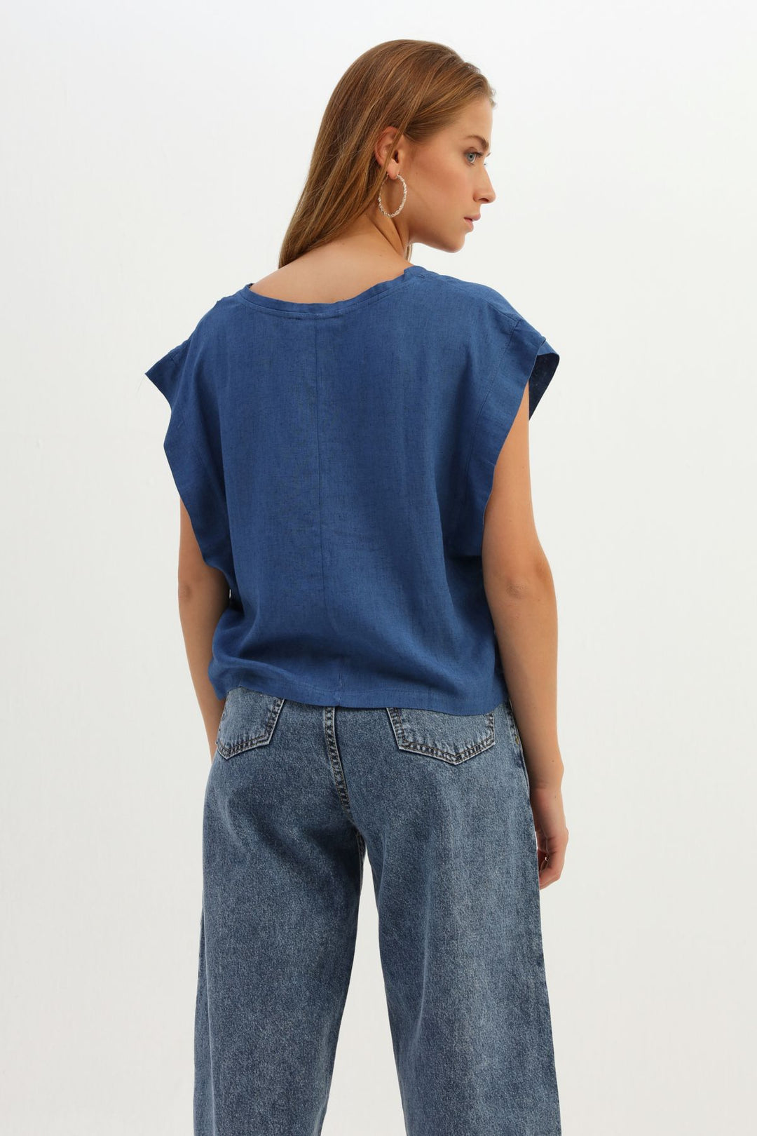 V Yaka Keten Bluz İndigo