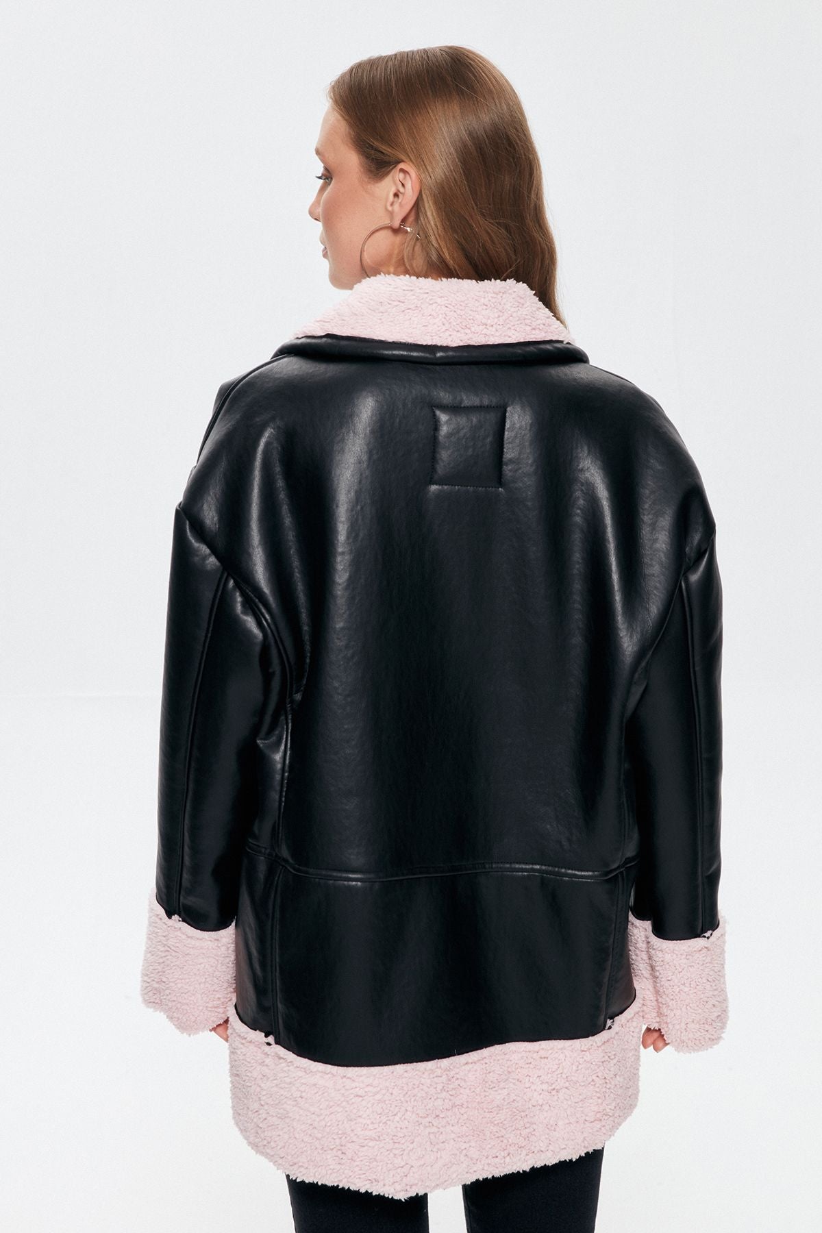 Plush Detailed Leather Coat Black
