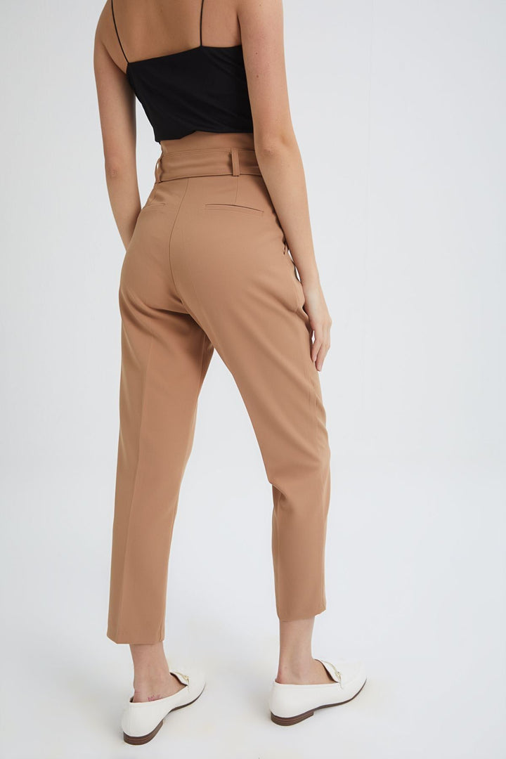 Belted High Waist Casual Trousers Camel