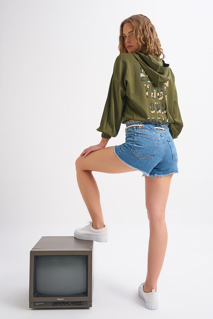 Back Printed Zipper and Pocket Detailed Blouse Khaki