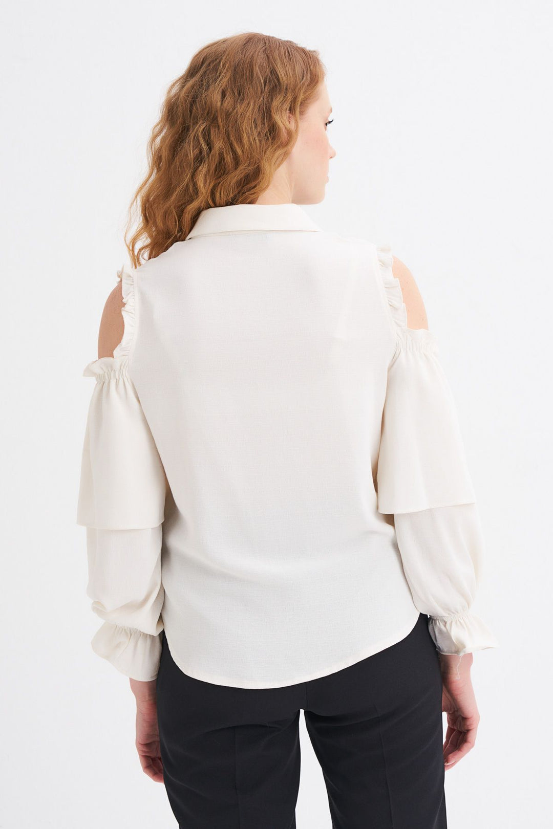 Embroidered Ruffle Detailed Off-Shoulder Shirt Ecru