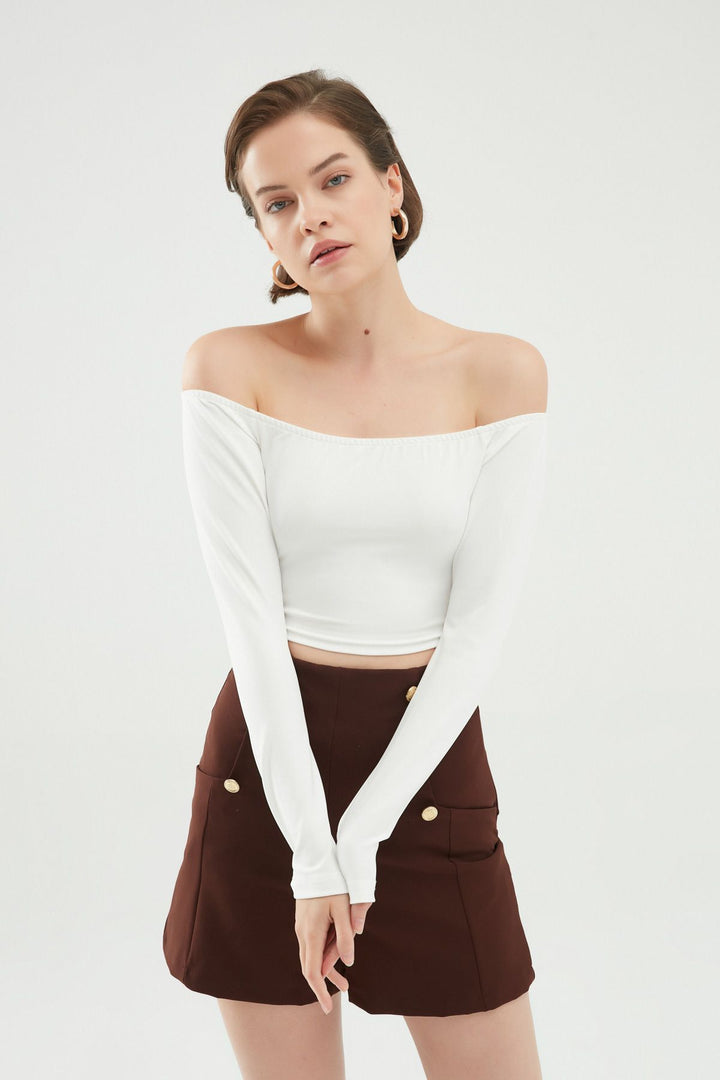 Zincirli Crop Bluz Beyaz