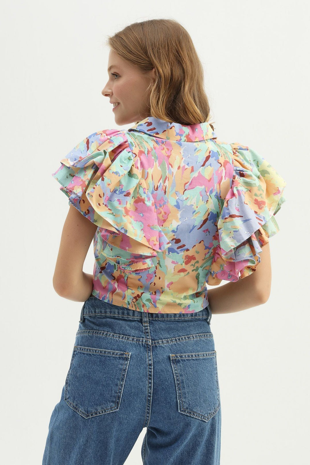 Patterned Frilly Shirt Light Blue