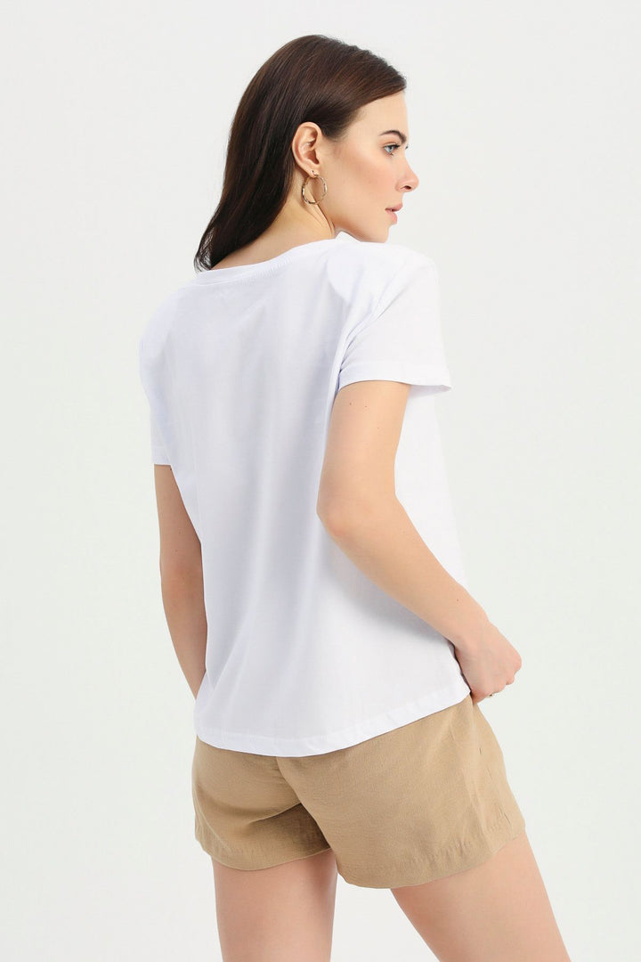 Vatkalı V Yaka Tişört Beyaz