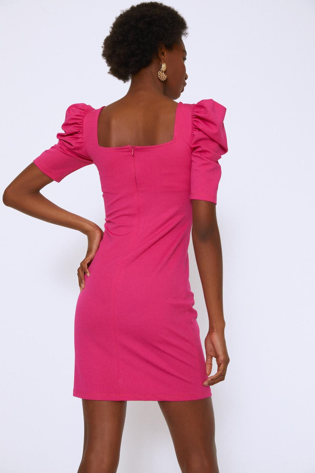 Karpuz Kol Kare Yaka Elbise Fuşya