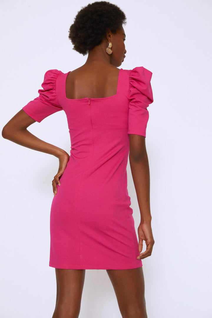 Karpuz Kol Kare Yaka Elbise Fuşya