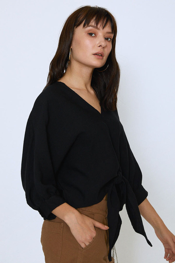 V Neck Bottom Tie Oversize Blouse Black