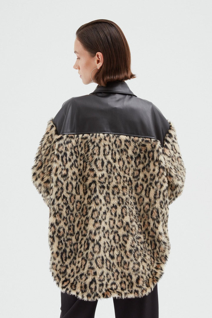 Deri Detaylı Kürk Ceket Kahverengi