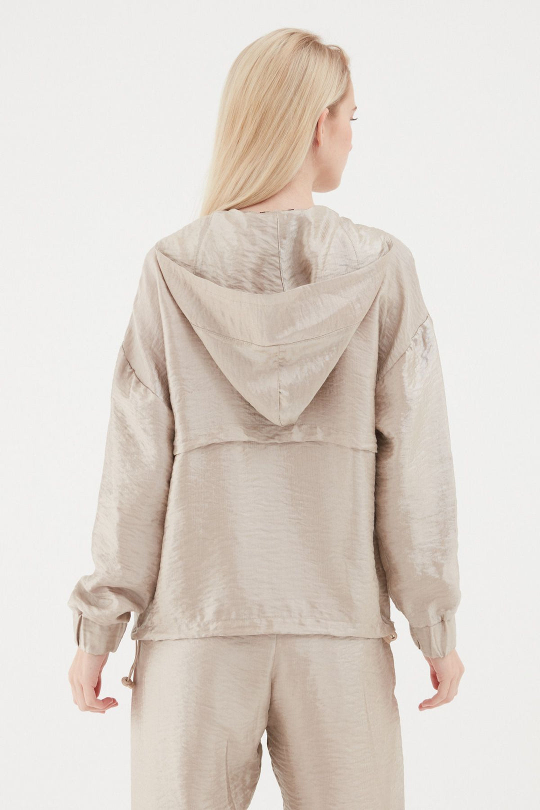 Pleated Waist Hooded Sweatshirt Beige