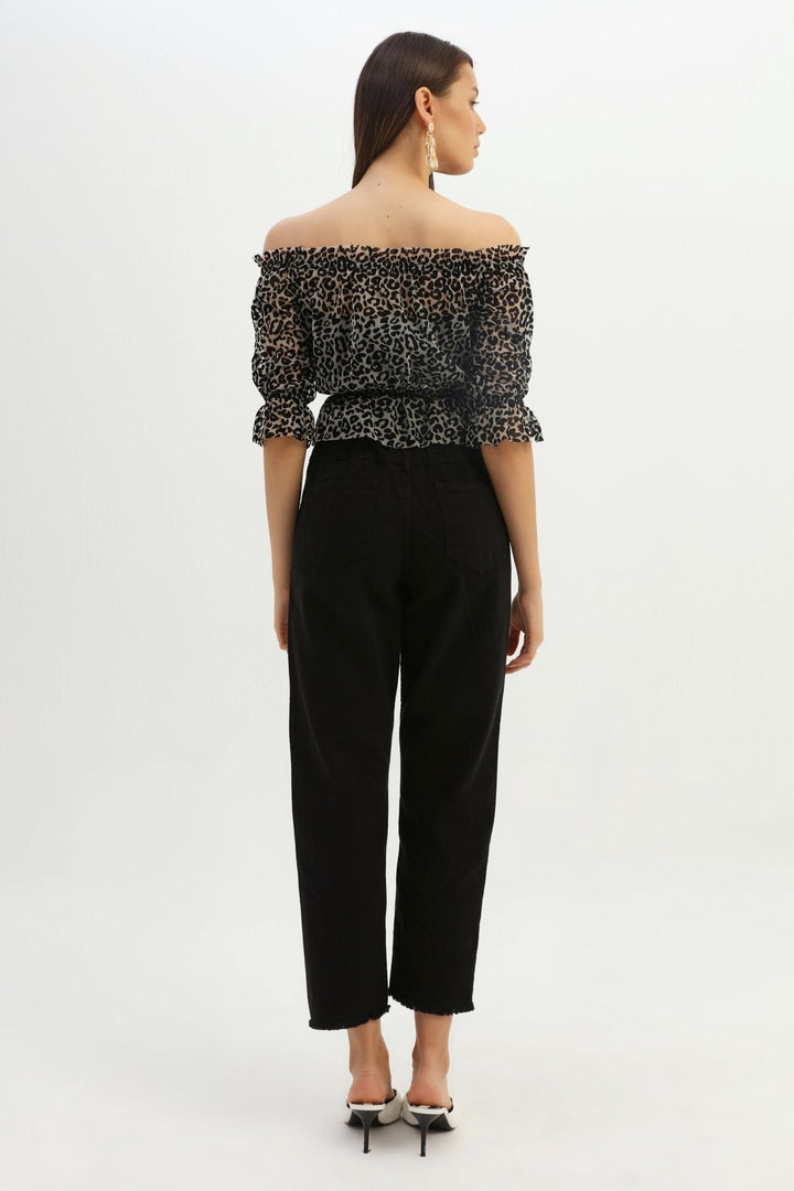 Patterned Off Shoulder Tulle Blouse Black