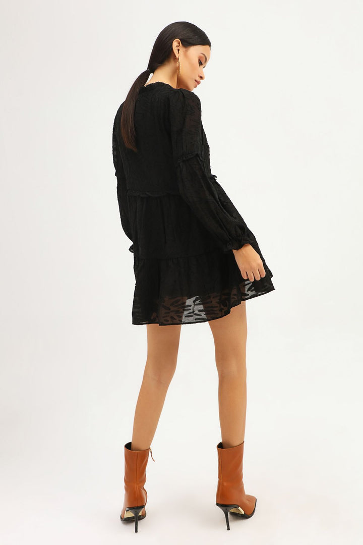 V Neck Frilly Dress Black
