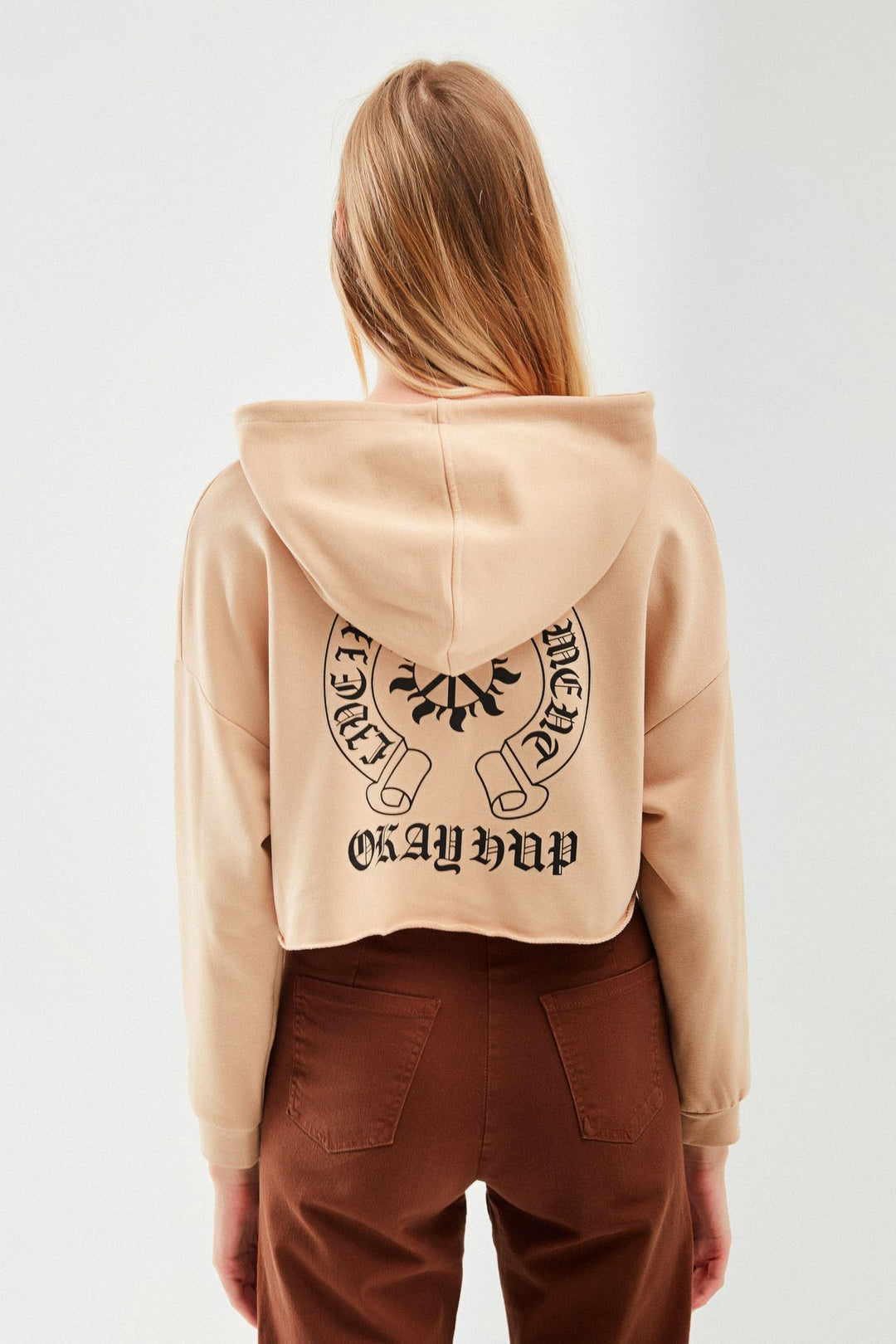 Baskılı Crop Sweatshirt Bej