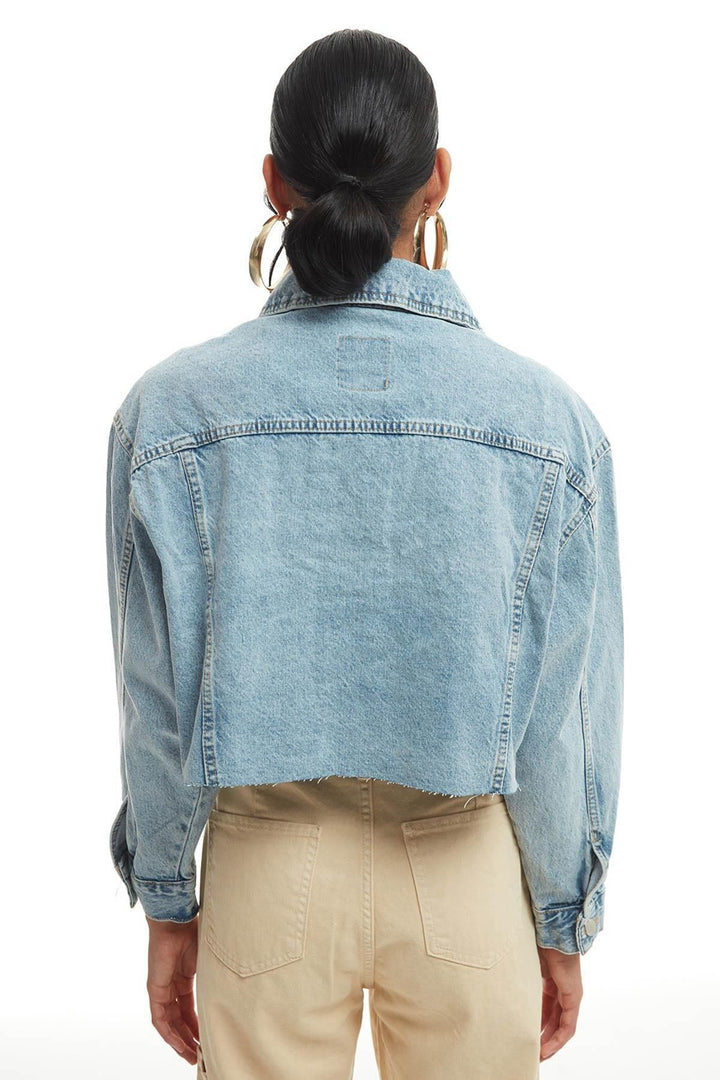 Crop Detailed Crop Denim Jacket Blue