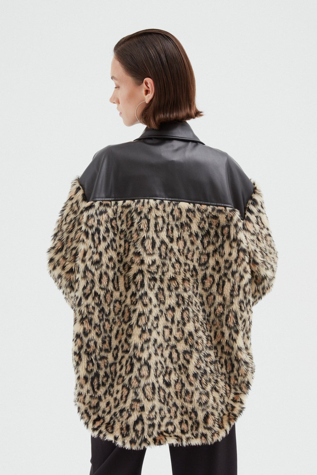 Deri Detaylı Kürk Ceket Kahverengi