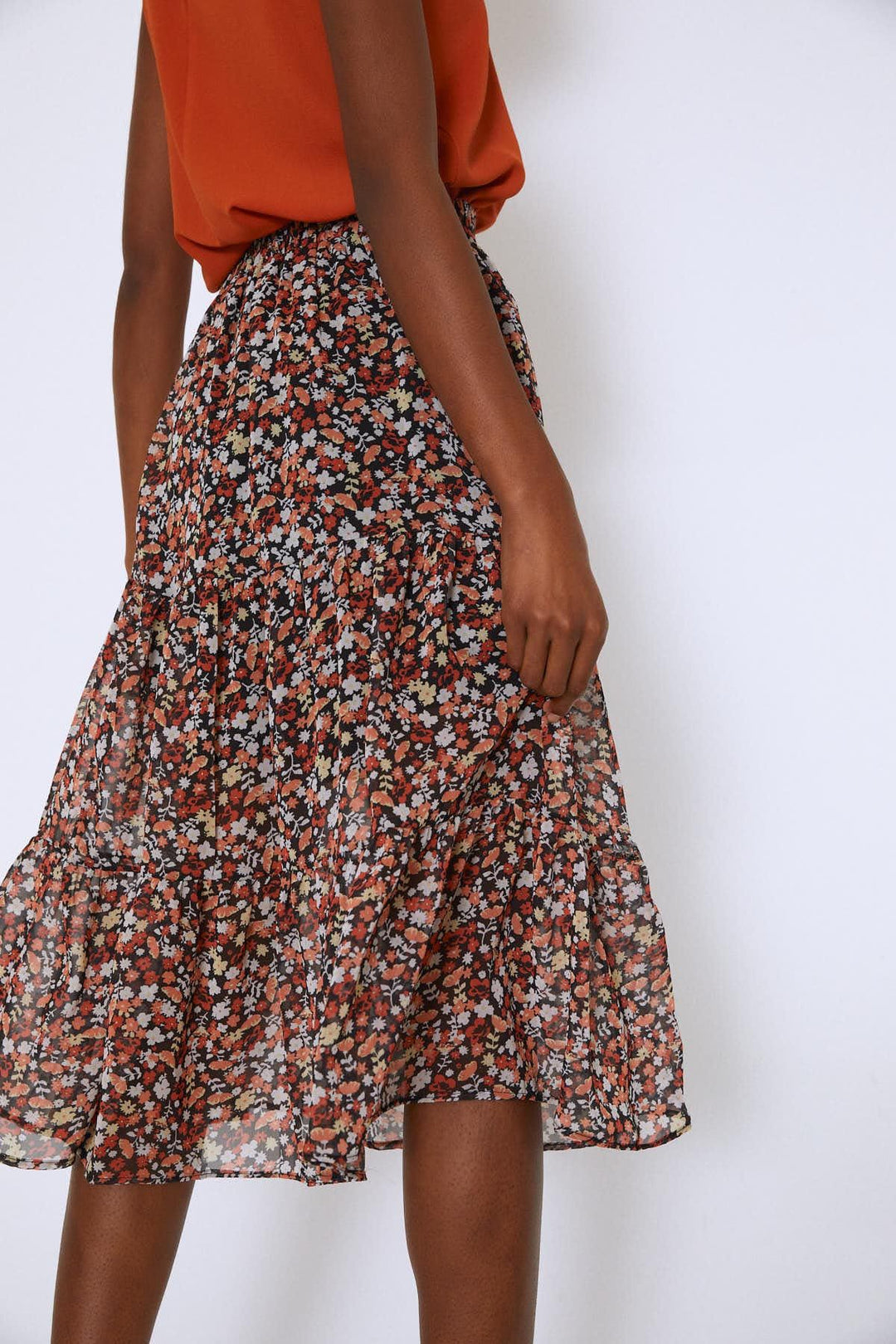 Midi Crispy Floral Skirt Orange