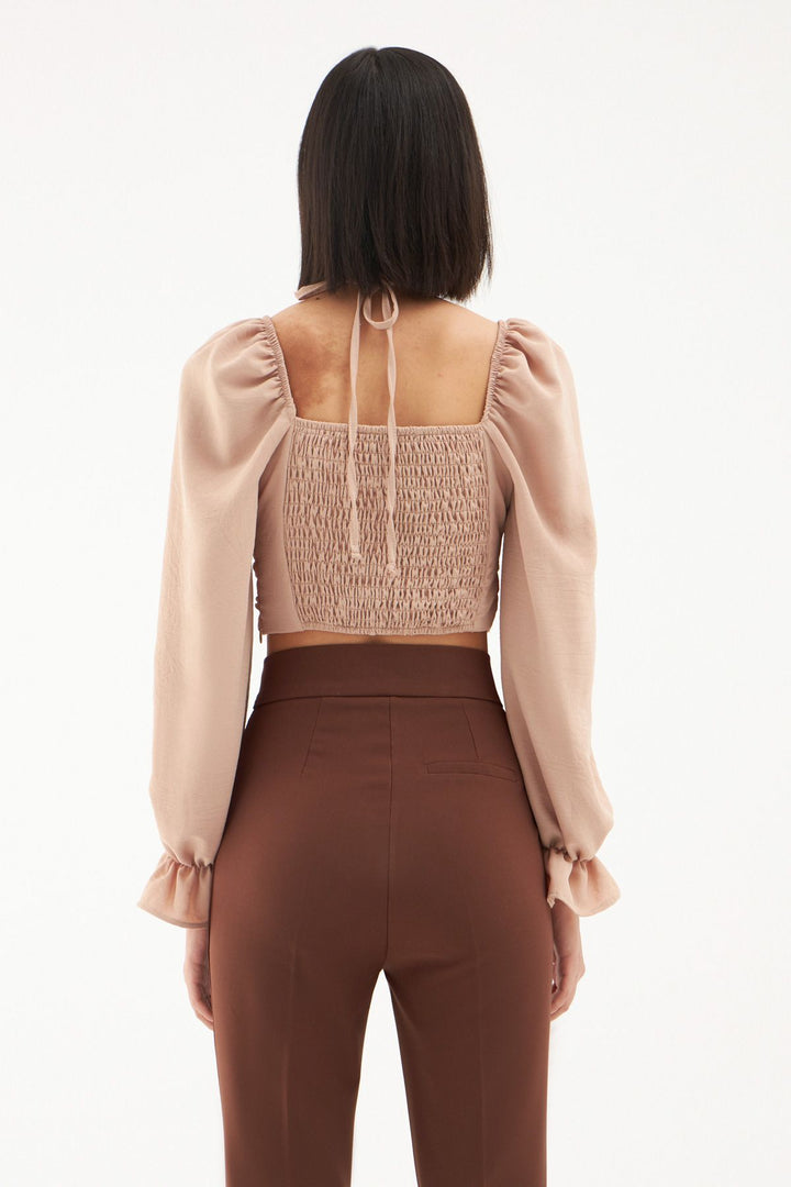 Tie Detailed Balloon Sleeve Blouse Beige