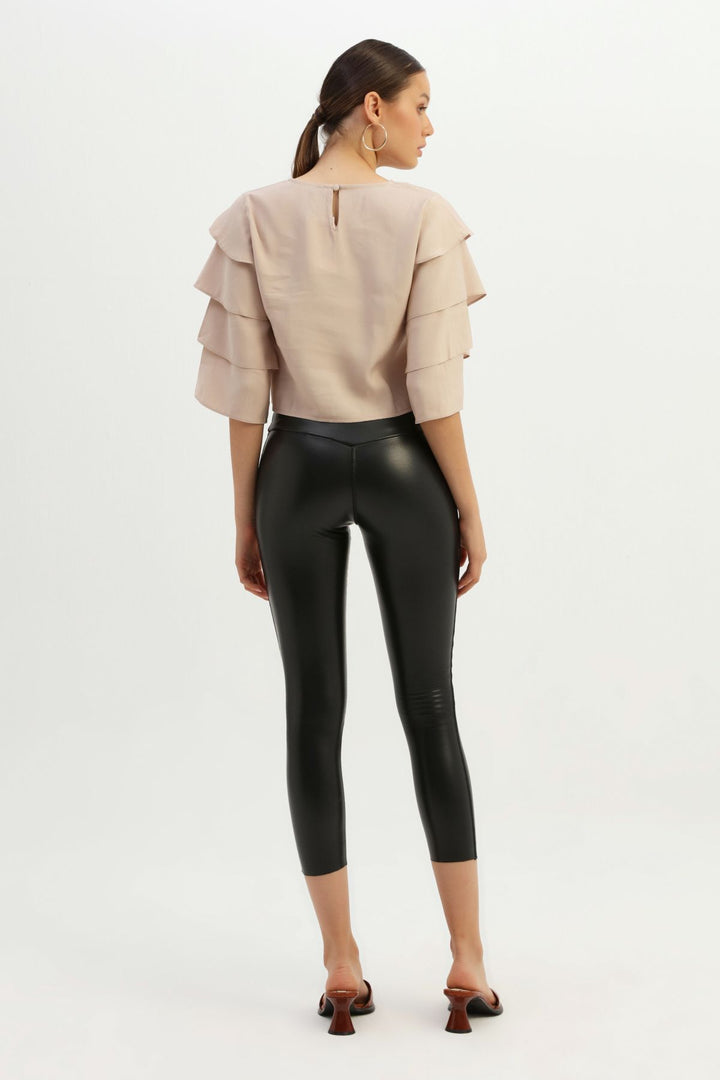 Yüksek Bel Deri Tayt Siyah