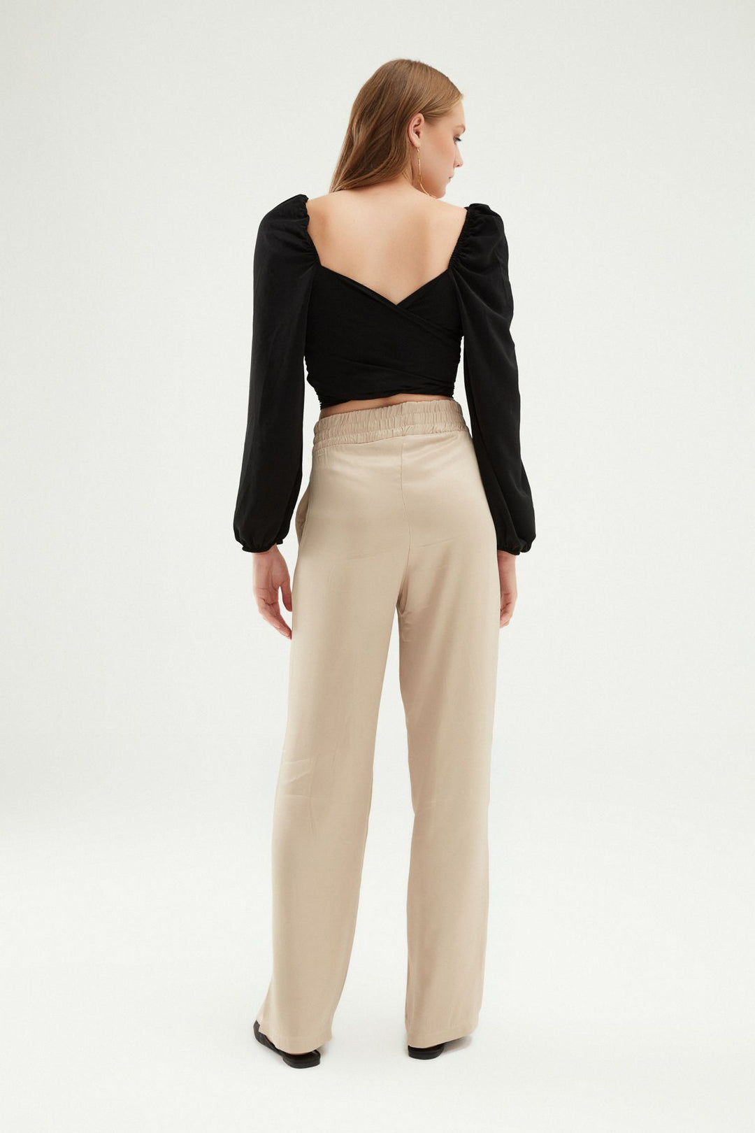 Beli Lastikli Saten Pantolon Taş