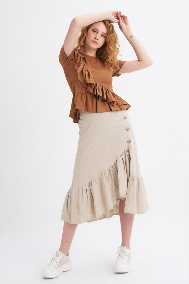 Buttoned Slit Linen Skirt Natural
