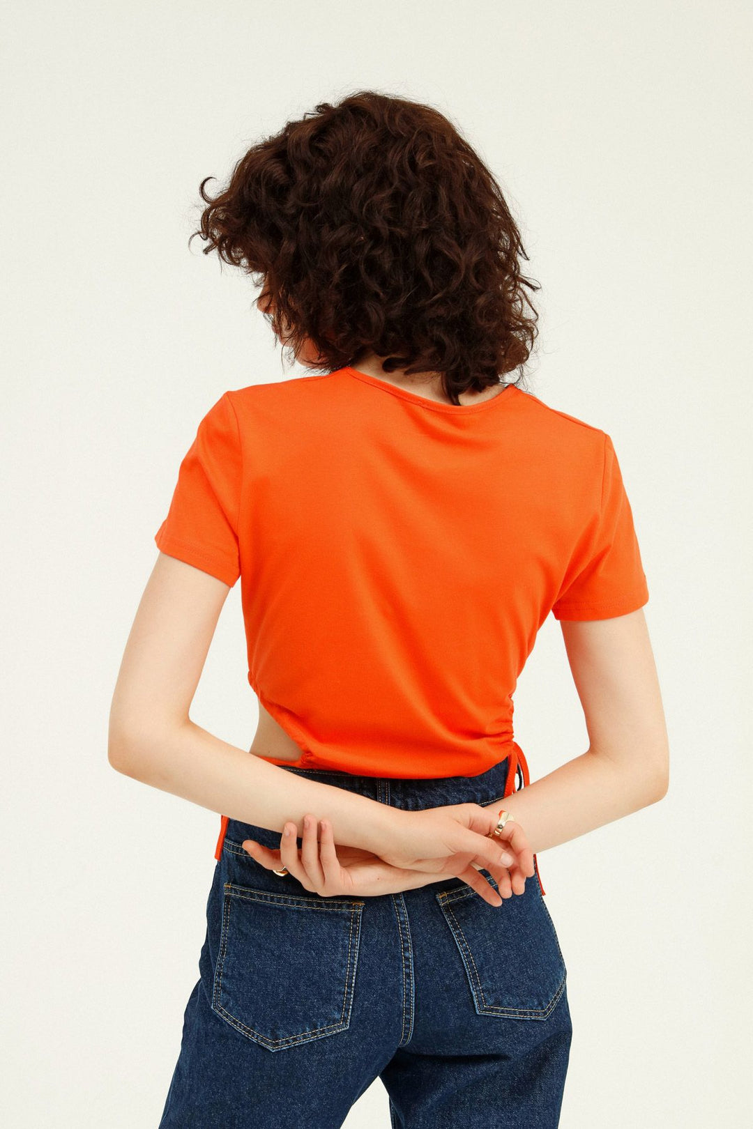 Yanları Büzgülü Dekolteli Tişört Turuncu