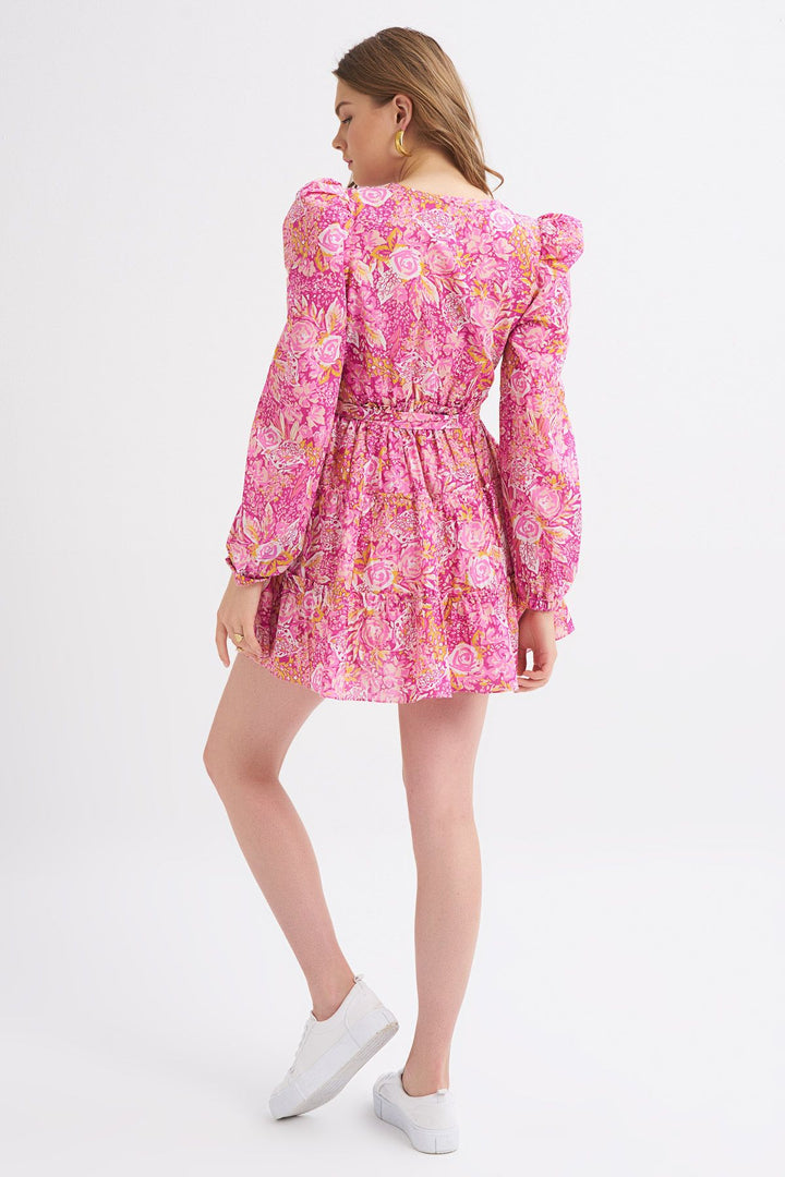 Patterned Tie Waist Double Breasted Dress Pink