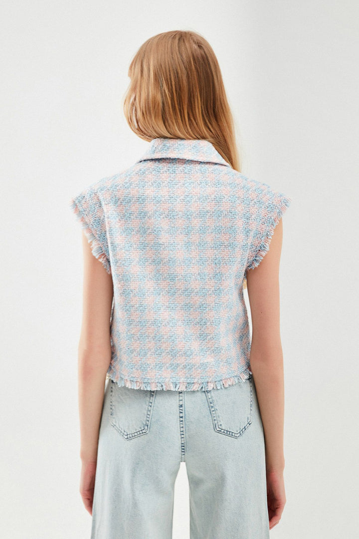 Tasseled Plaid Vest Jacket Powder