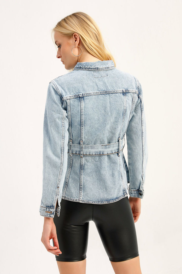 Beli Kuşaklı Kot Ceket Buz Mavi