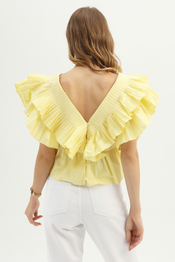 V Yaka Fırfırlı Bluz Sarı