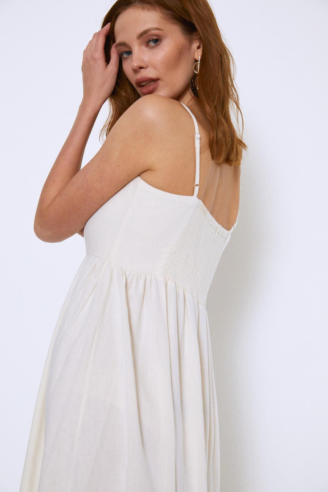 Askılı Düğmeli Keten Elbise Ekru