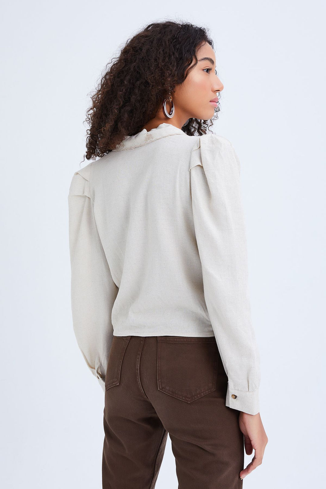 Embroidered Collar Padded Linen Shirt Natural