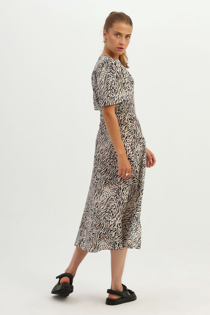 Patterned V-Neck Slit Dress Beige