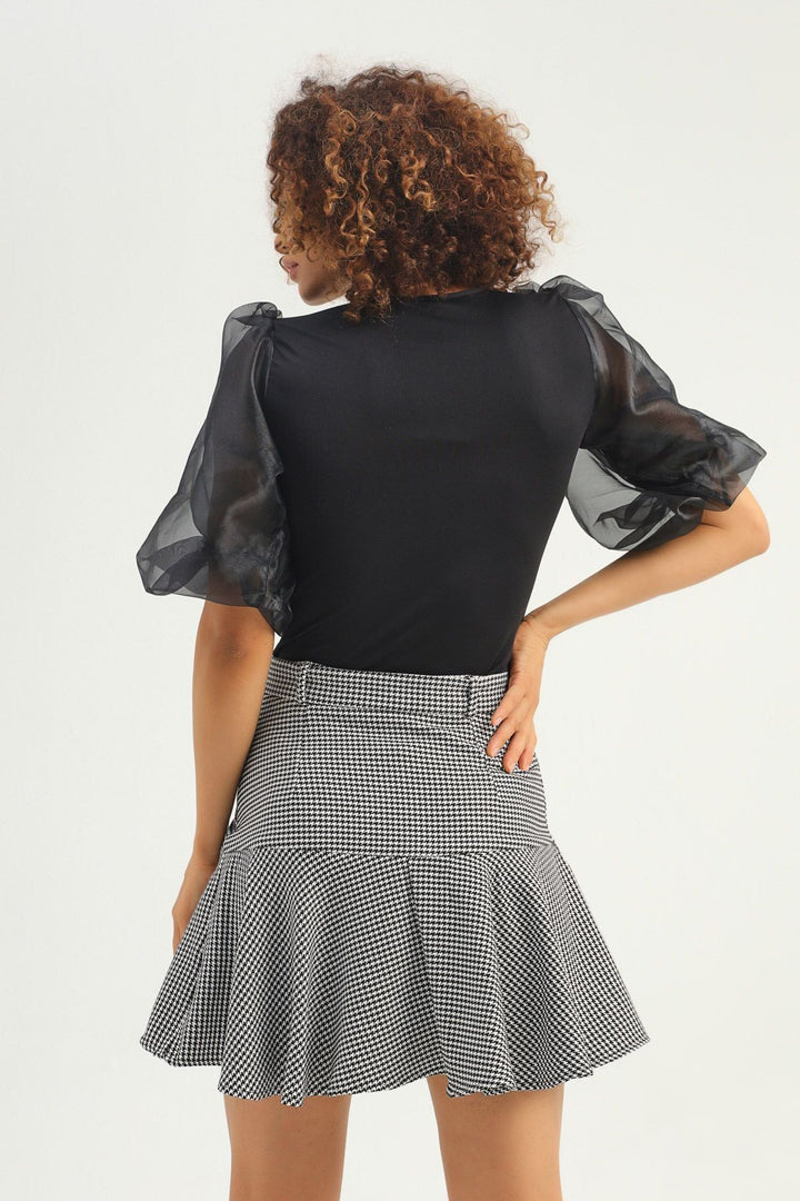 Balloon Sleeve Tulle Bodysuit Black