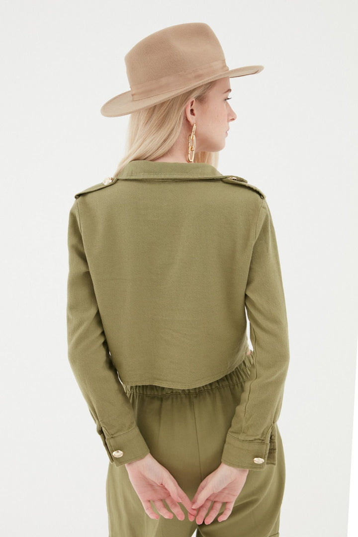 Button Detailed Crop Shirt Khaki
