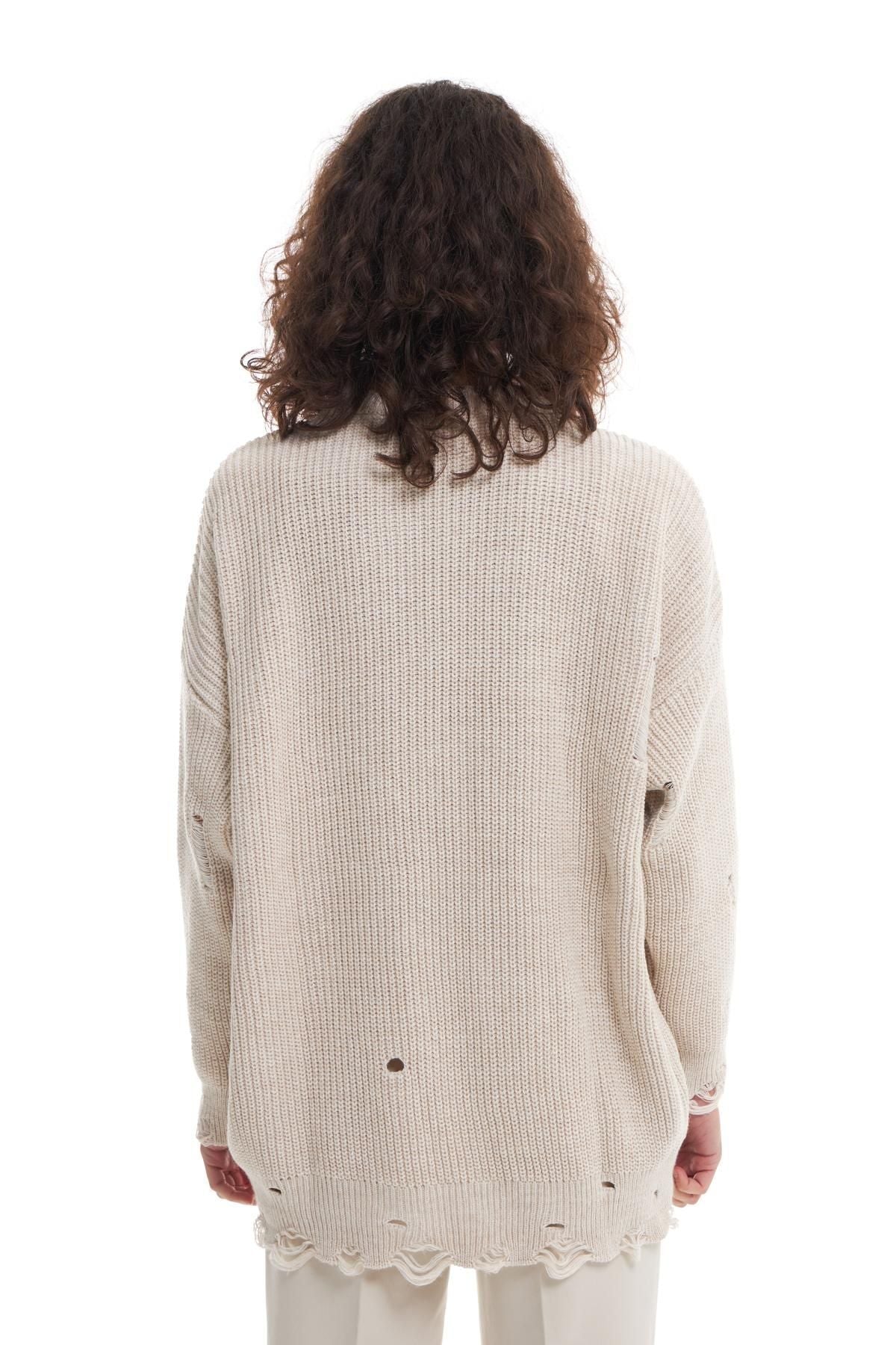 Ripped Detailed Oversize Sweater Stone