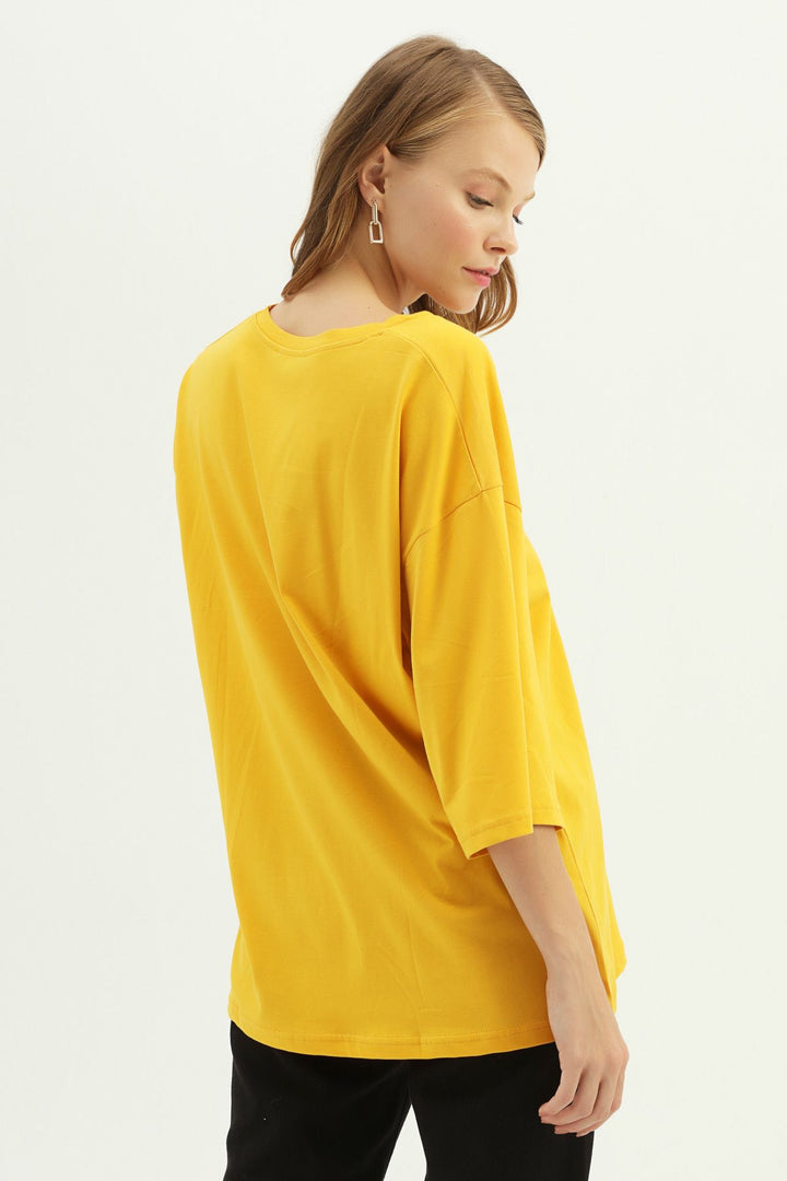 V Yaka Truvakar Kol Tişört Hardal