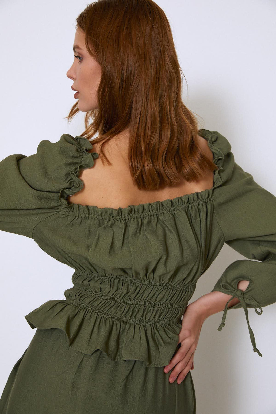 Watermelon Sleeve Square Collar Gipelli Blouse Khaki