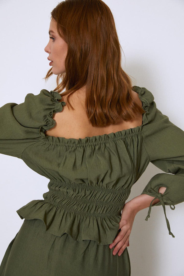 Watermelon Sleeve Square Collar Gipelli Blouse Khaki