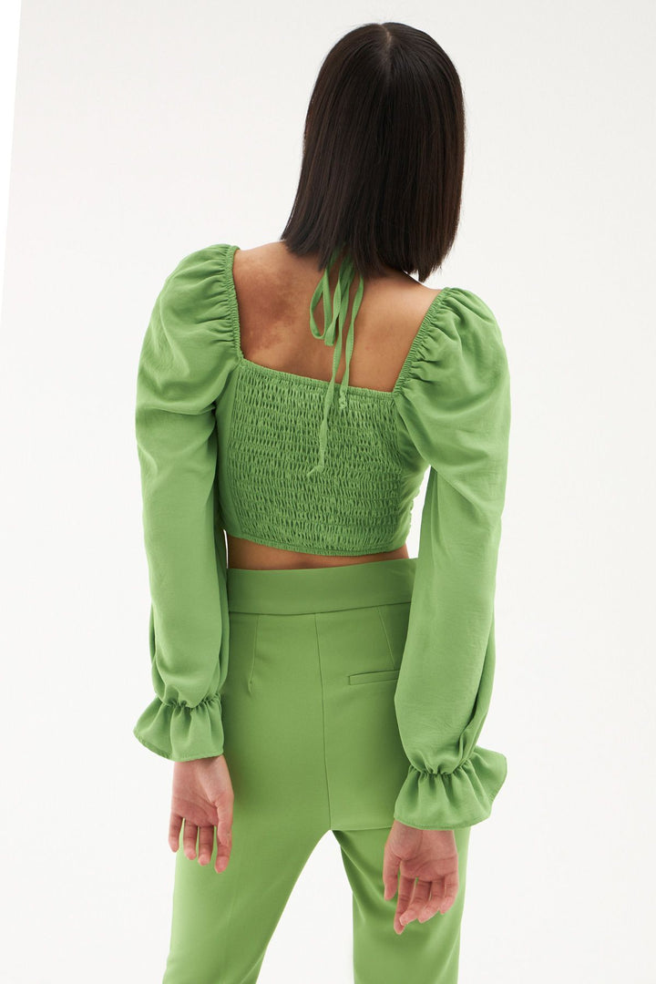 Tie Detailed Balloon Sleeve Blouse Green