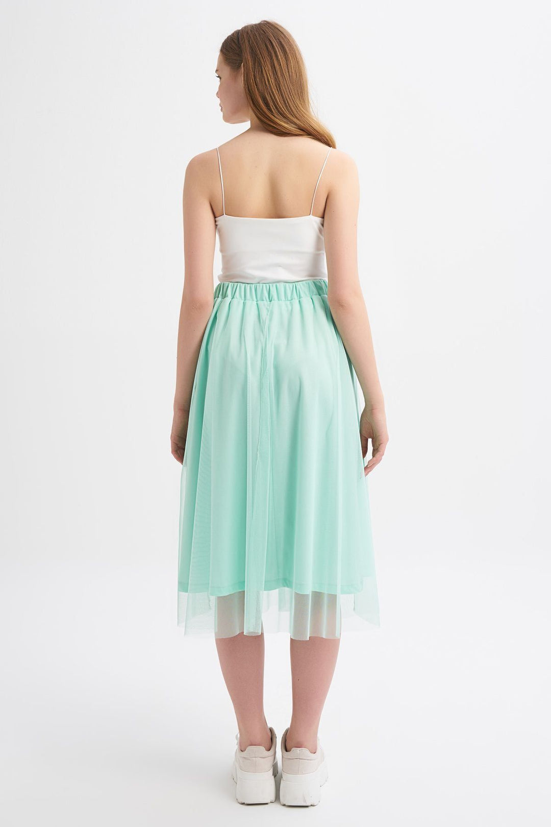 Pleated Tulle Detailed Midi Skirt Mint