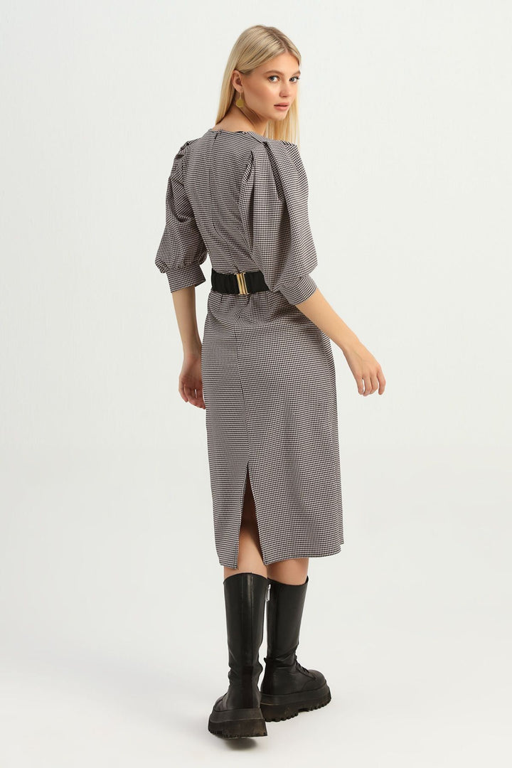 Striped Belt Balloon Sleeve Dress Powder