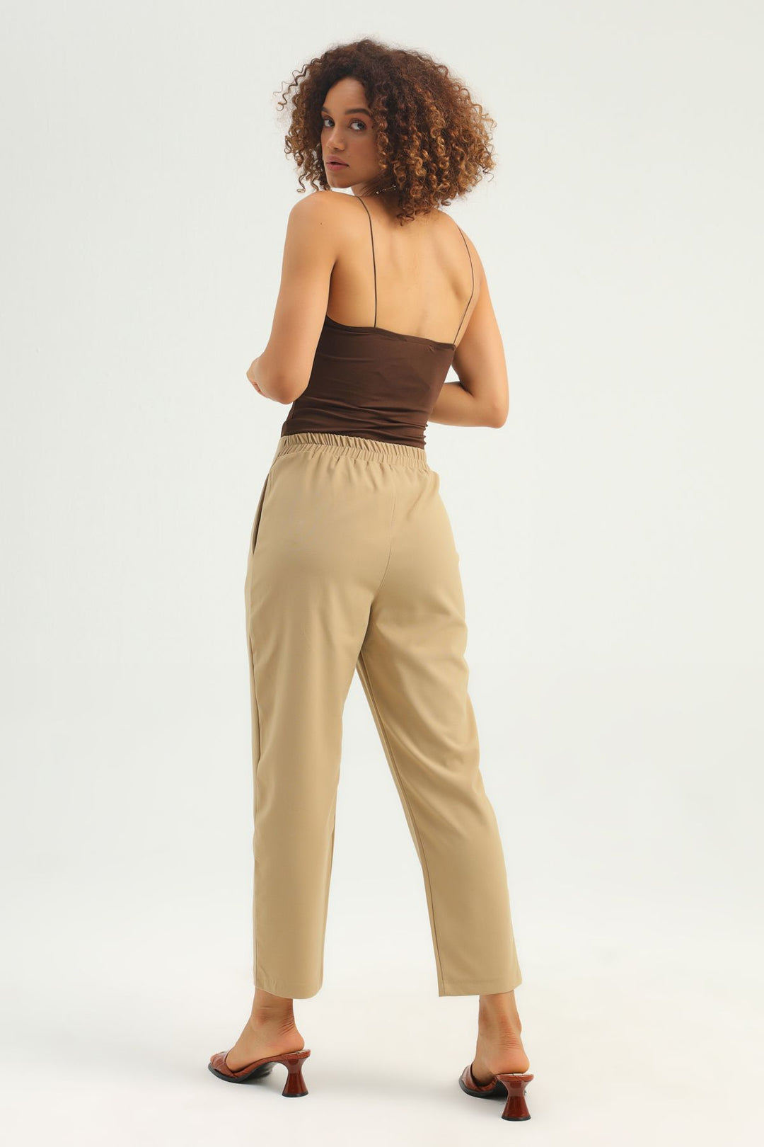 Yüksek Bel Beli Lastikli Pantolon Taş