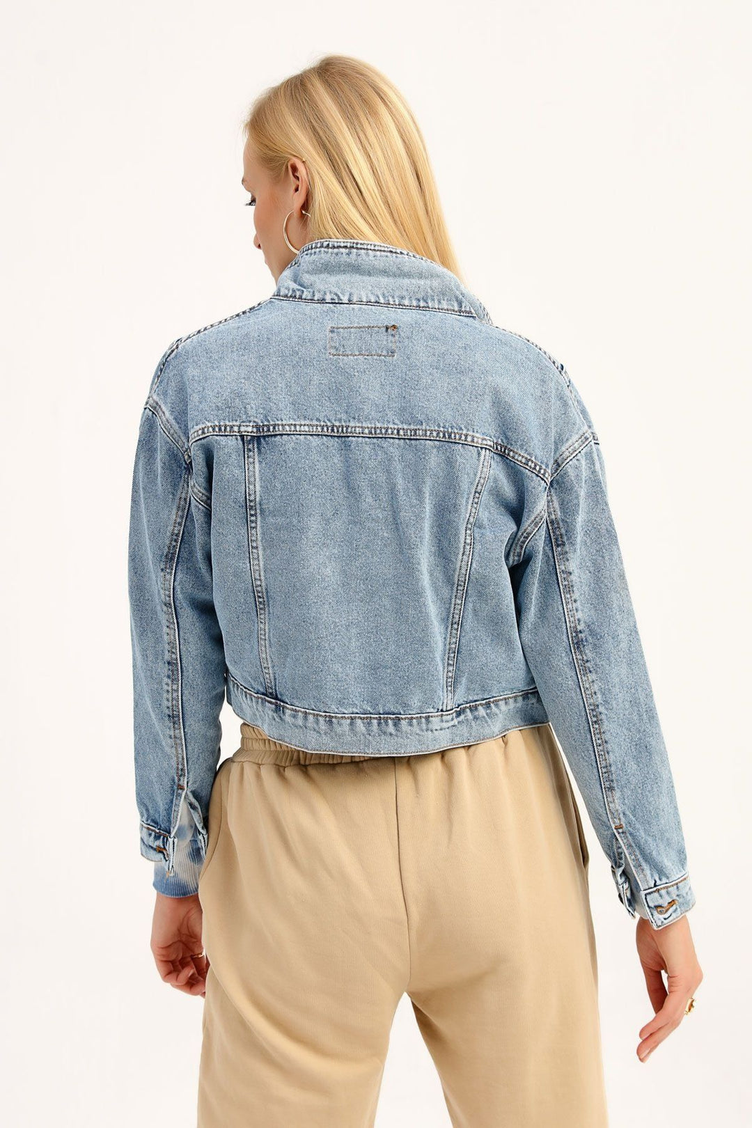 İki Cepli Crop Ceket Açık Mavi