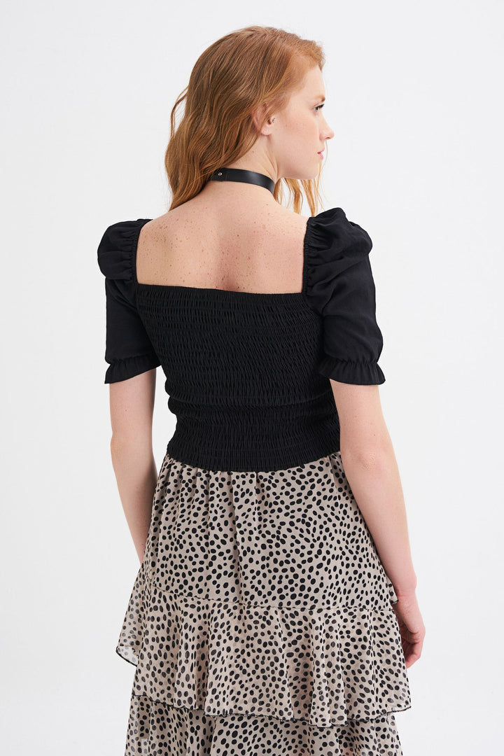 Balloon Sleeve V Neck Crop Blouse Black