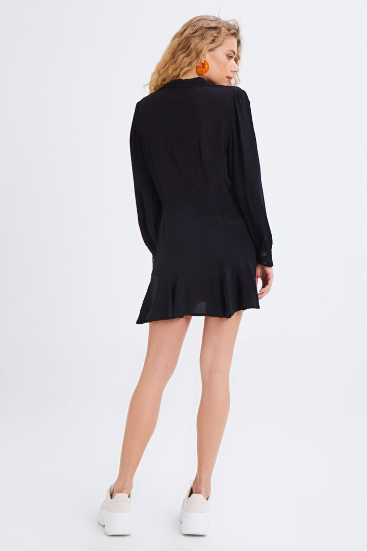 Double Breasted Buttoned Ruffle Dress Black