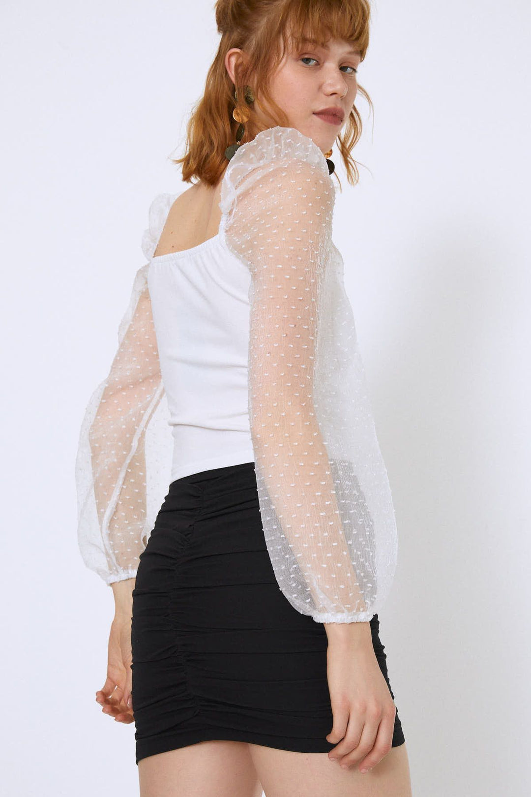 Tulle Sleeves Crop Blouse Ecru