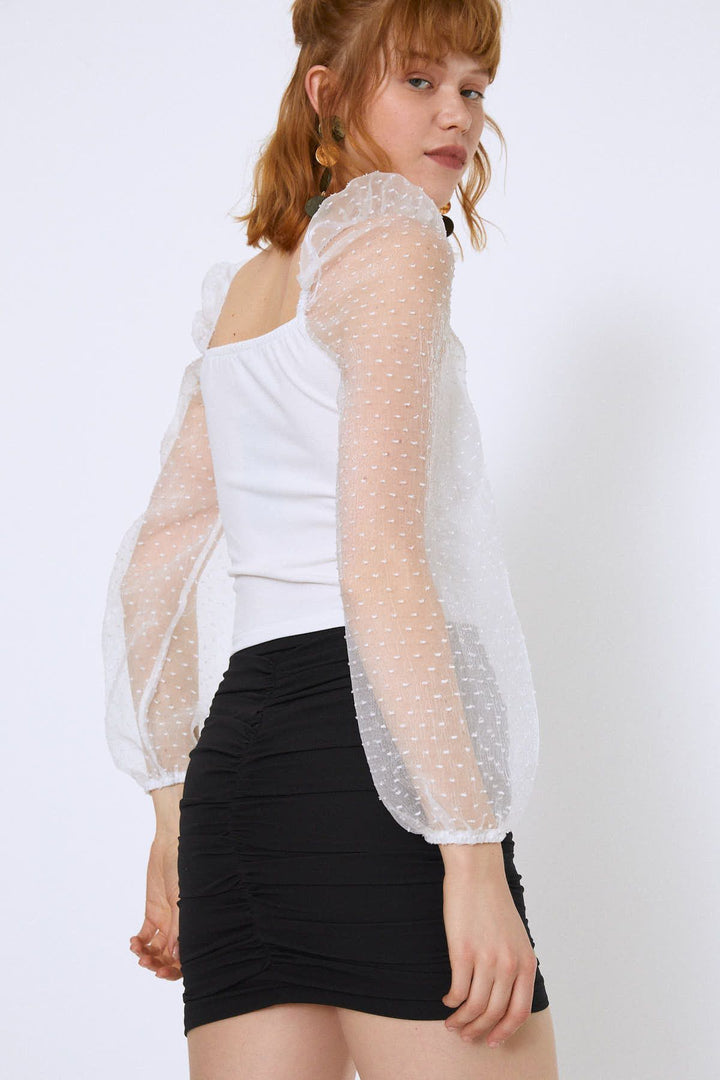 Tulle Sleeves Crop Blouse Ecru