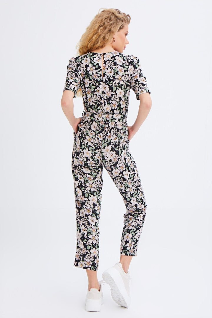Patterned Waist Belted Double Breasted Jumpsuit Black