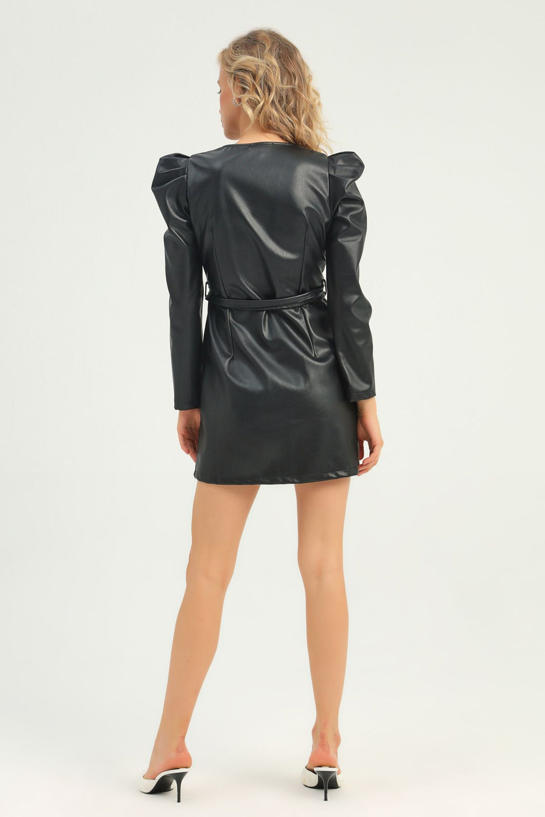 Balloon Sleeve Waist Belted Leather Dress Black